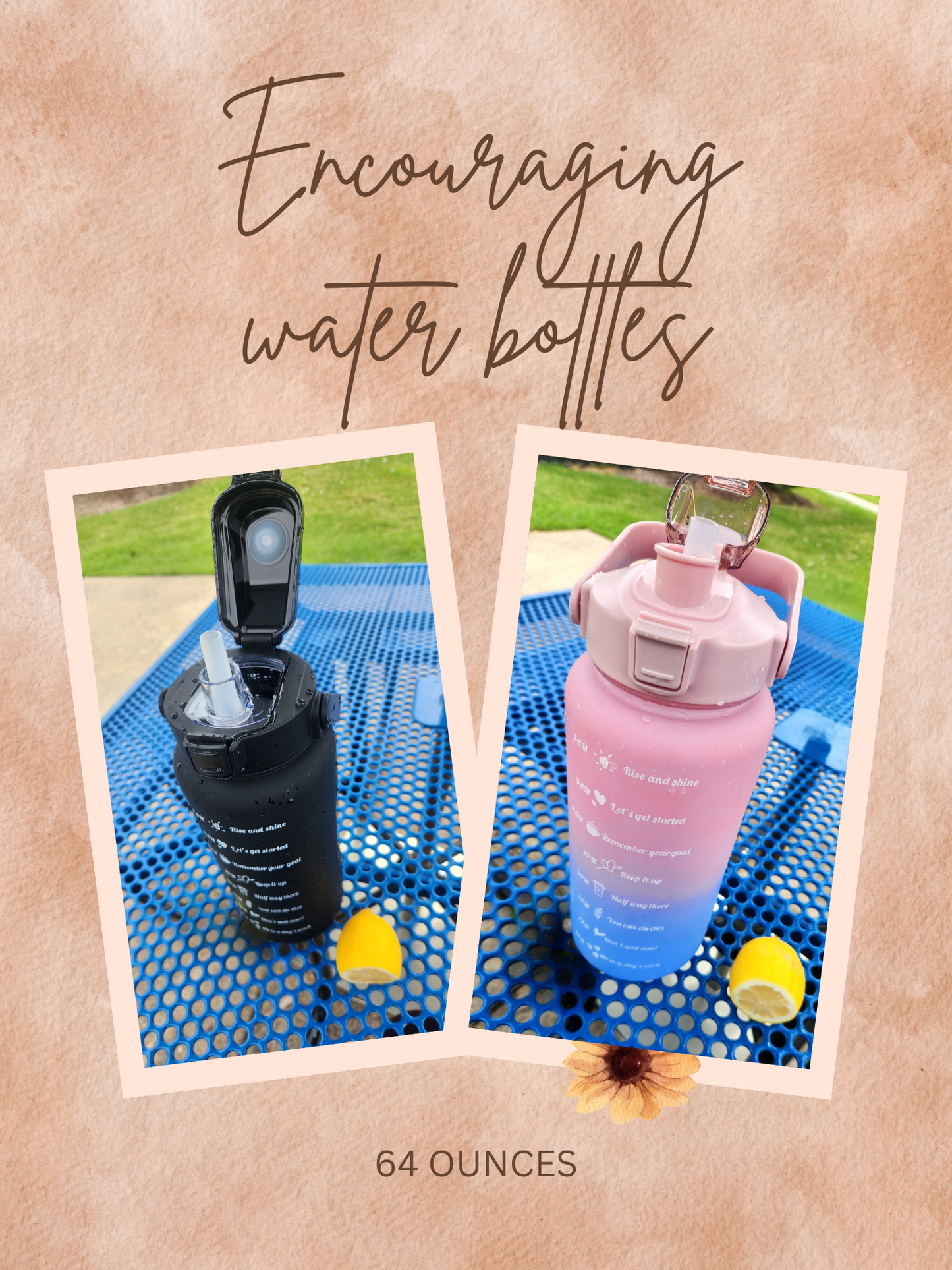 64 Oz. Encouraging Water Bottles with Straw, Lockable Lid, & Handle