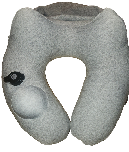 Hooded inflatable neck pillow for travel – ideal for car trips, flights, and business travel.